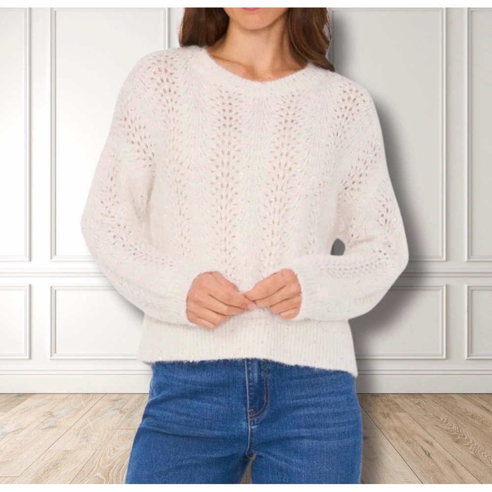 1.STATE Womens White Sequin Pointelle Knit Crew Neck Sweater XXS
